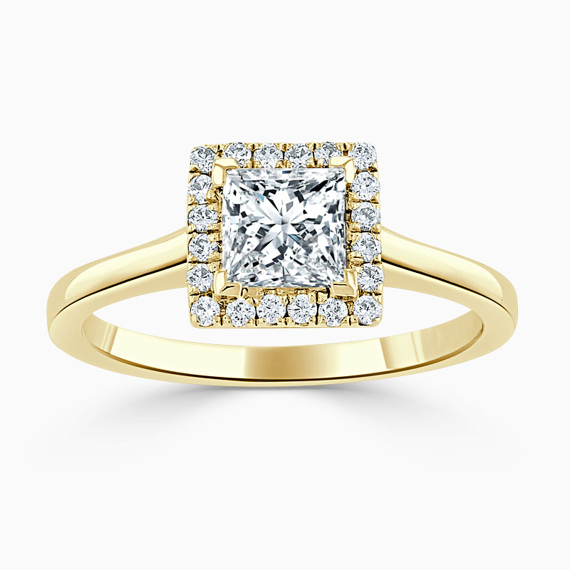 18ct Yellow Gold Princess Cut Classic Plain Halo Engagement Ring ...